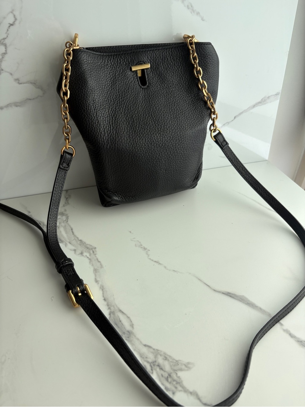 THACKER Pippa Leather Crossbody Bag black purse pebbled calfskin gold hardware